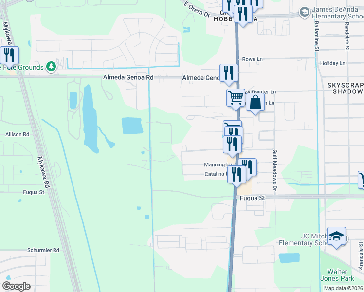 map of restaurants, bars, coffee shops, grocery stores, and more near 10300 Peach Blossom Street in Houston