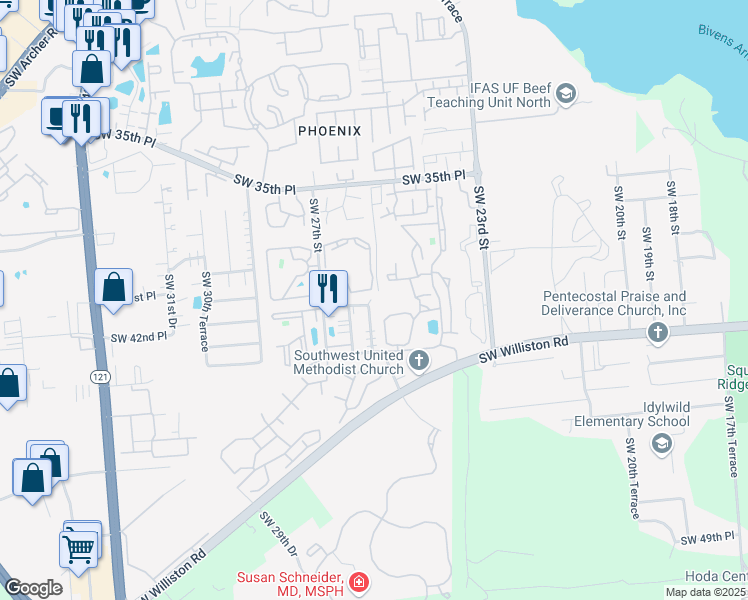 map of restaurants, bars, coffee shops, grocery stores, and more near 3833 Southwest 26th Terrace in Gainesville
