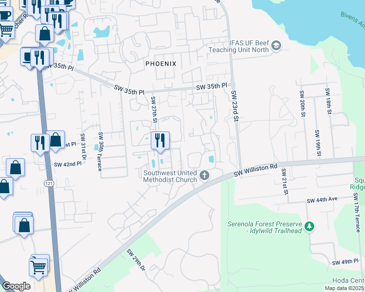 map of restaurants, bars, coffee shops, grocery stores, and more near 3705 Southwest 27th Street in Gainesville