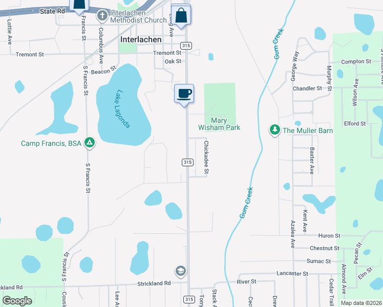 map of restaurants, bars, coffee shops, grocery stores, and more near 196 County Road 315 in Interlachen