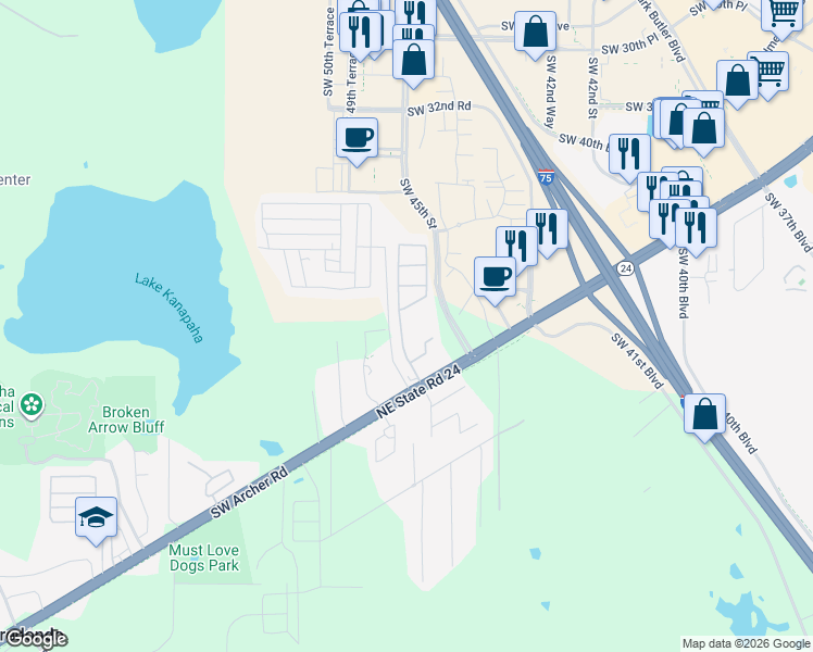 map of restaurants, bars, coffee shops, grocery stores, and more near 4700 Southwest Archer Road in Gainesville