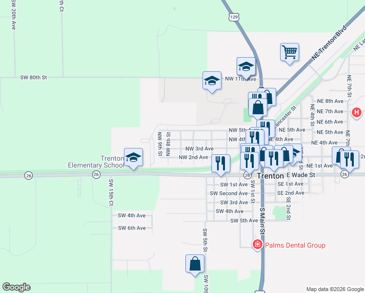 map of restaurants, bars, coffee shops, grocery stores, and more near 417 Northwest 7th Street in Trenton