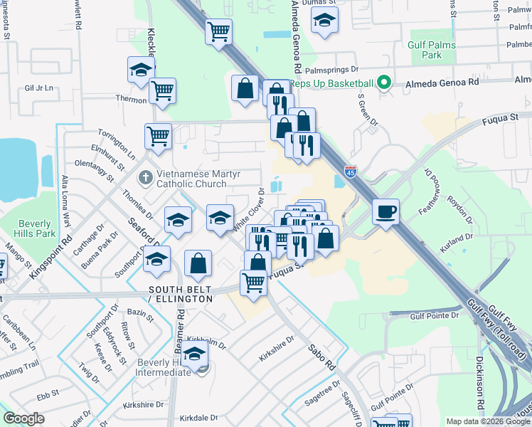 map of restaurants, bars, coffee shops, grocery stores, and more near 10701 Sabo Road in Houston