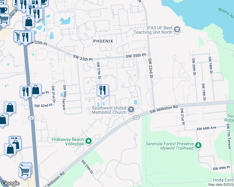 map of restaurants, bars, coffee shops, grocery stores, and more near 3705 Southwest 27th Street in Gainesville