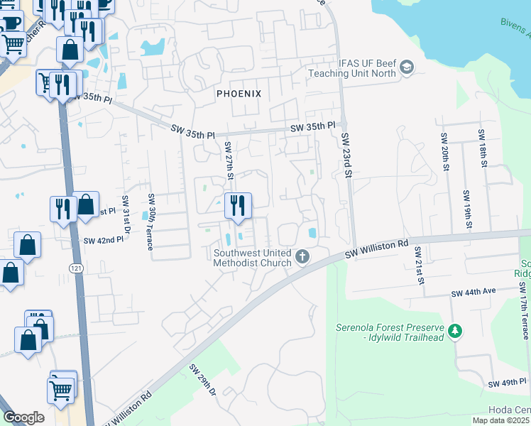 map of restaurants, bars, coffee shops, grocery stores, and more near 3705 Southwest 27th Street in Gainesville