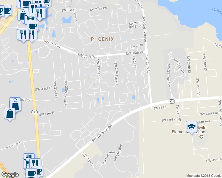 map of restaurants, bars, coffee shops, grocery stores, and more near 3705 Southwest 27th Street in Gainesville