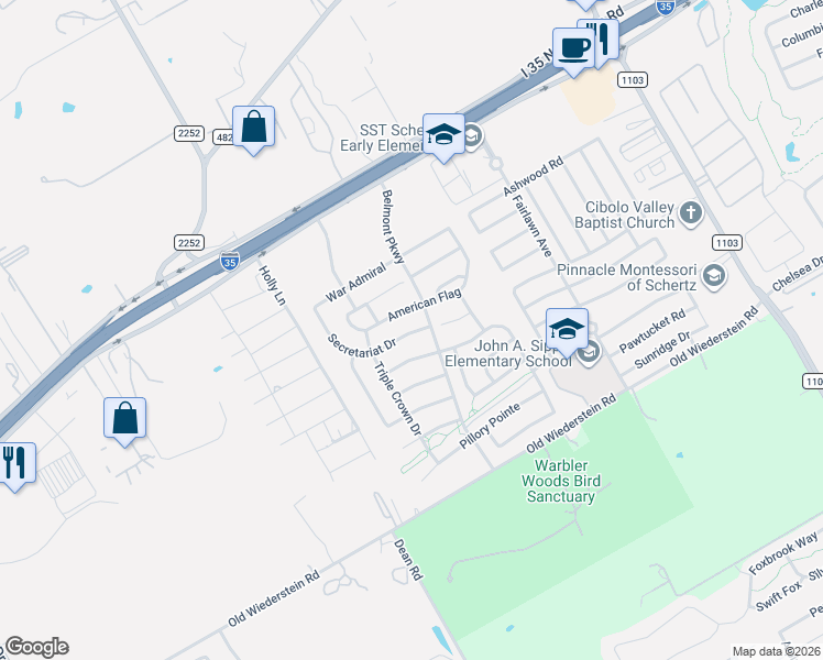 map of restaurants, bars, coffee shops, grocery stores, and more near 570 Secretariat Drive in Schertz