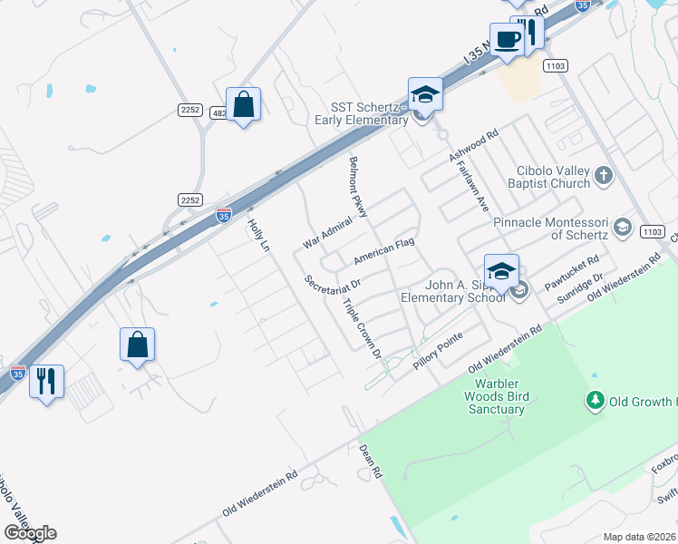 map of restaurants, bars, coffee shops, grocery stores, and more near 717 American Flag in Cibolo
