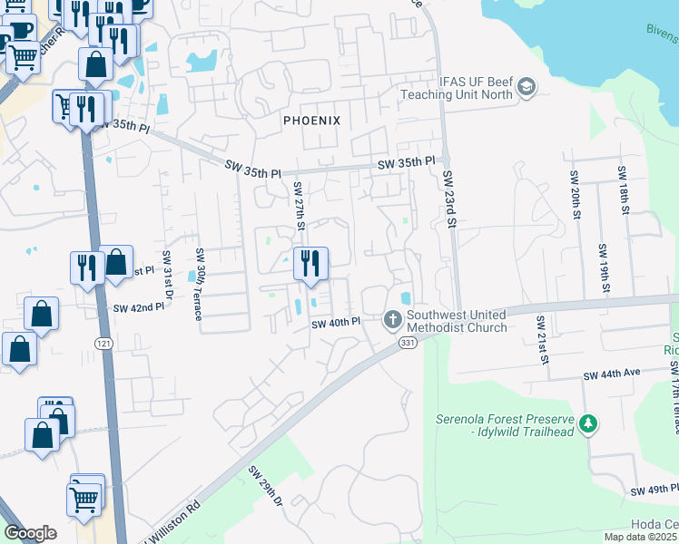 map of restaurants, bars, coffee shops, grocery stores, and more near 2622 Southwest 38th Place in Gainesville