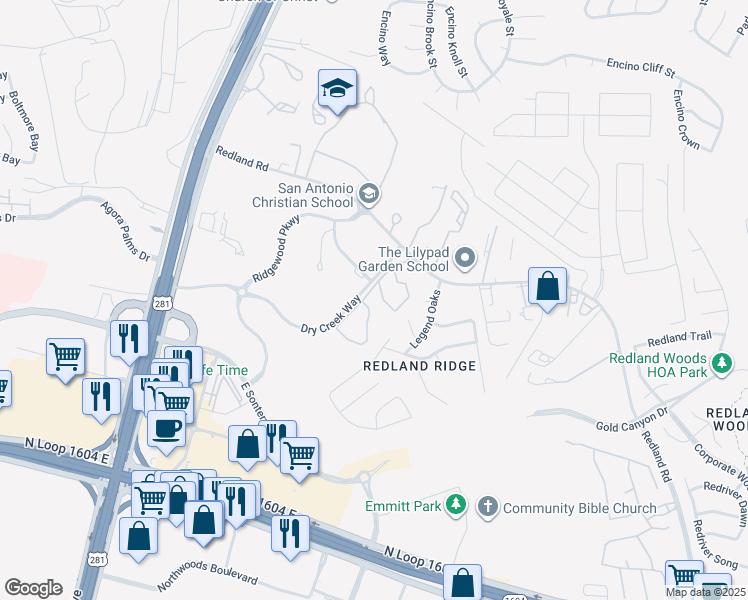 map of restaurants, bars, coffee shops, grocery stores, and more near 7 Dry Creek Way in San Antonio