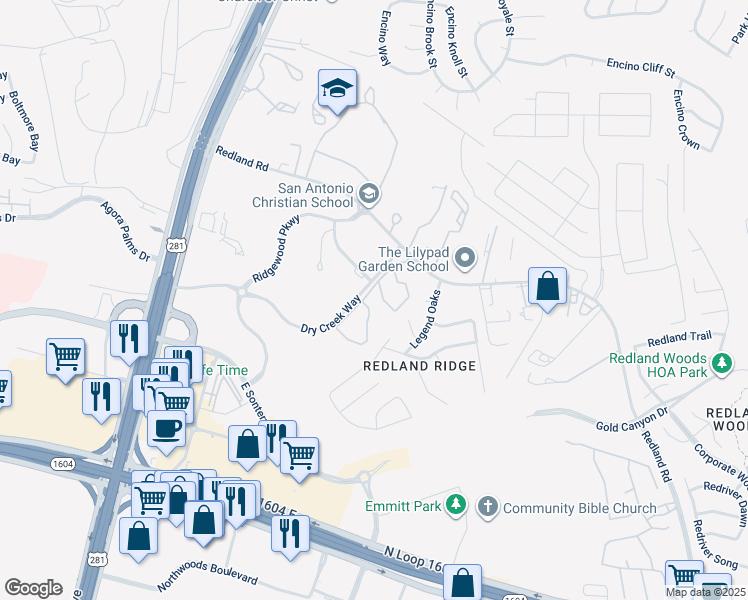 map of restaurants, bars, coffee shops, grocery stores, and more near 7 Dry Creek Way in San Antonio
