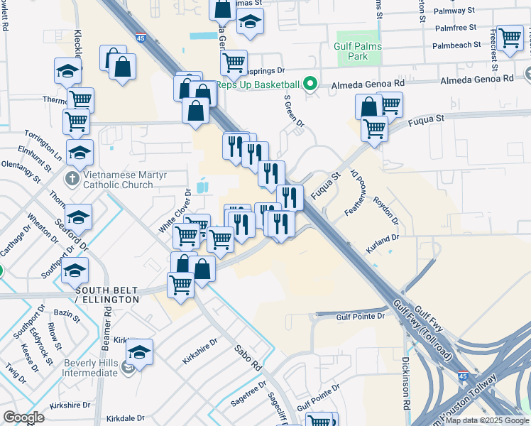 map of restaurants, bars, coffee shops, grocery stores, and more near Fuqua Street in Houston