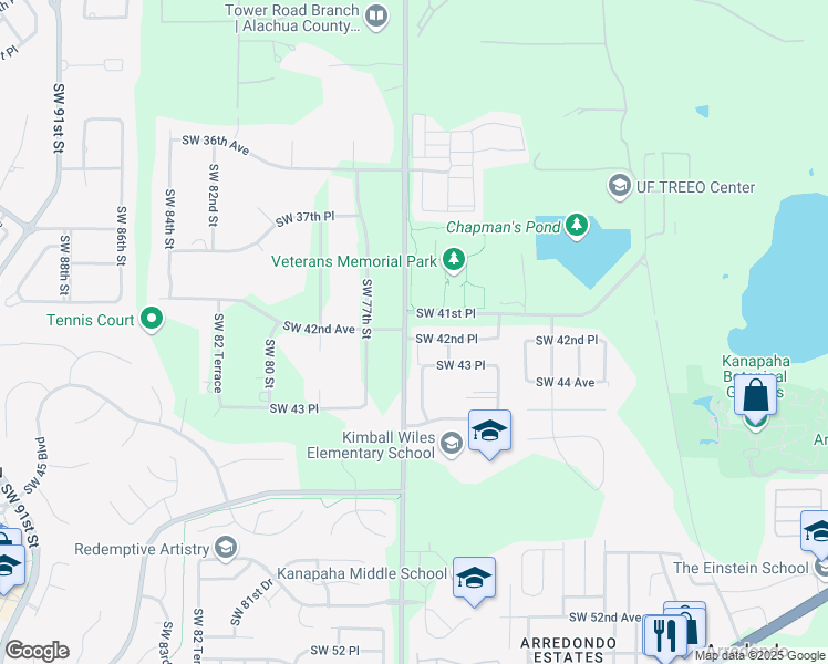 map of restaurants, bars, coffee shops, grocery stores, and more near 7420 Southwest 42nd Place in Gainesville