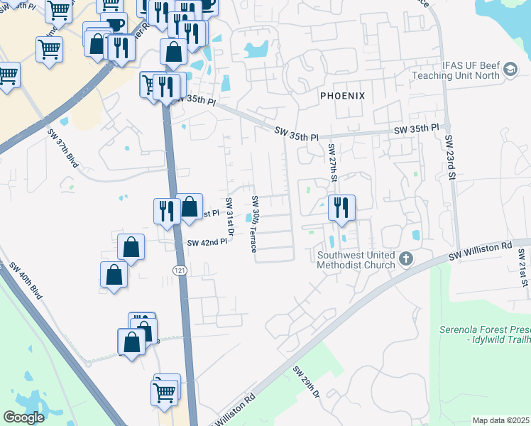 map of restaurants, bars, coffee shops, grocery stores, and more near in Gainesville