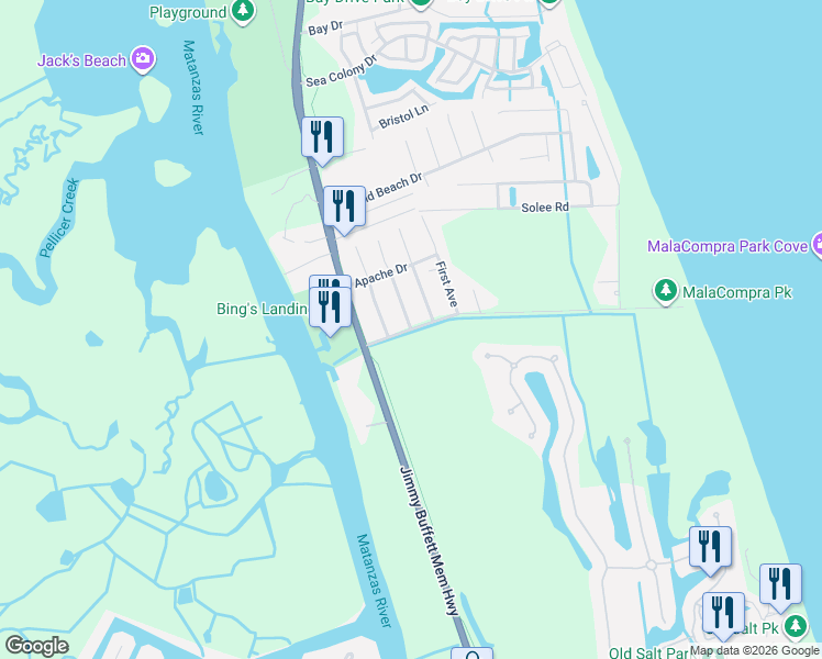 map of restaurants, bars, coffee shops, grocery stores, and more near 1 Cherokee Avenue in Palm Coast