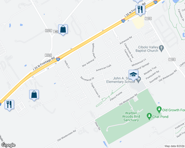 map of restaurants, bars, coffee shops, grocery stores, and more near 599 American Flag in Schertz