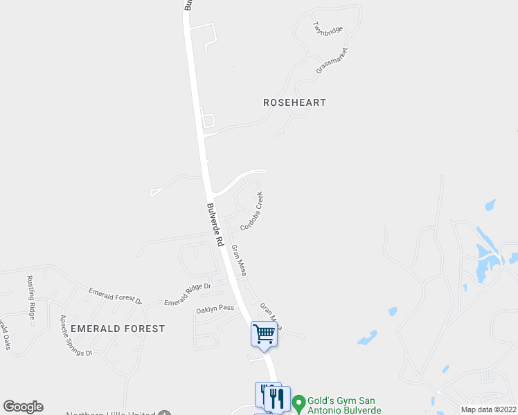 map of restaurants, bars, coffee shops, grocery stores, and more near Cordoba Creek in San Antonio