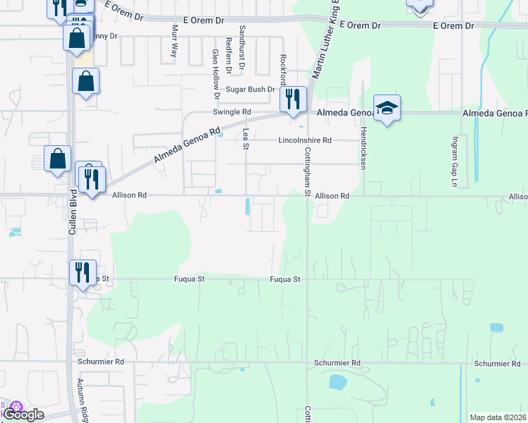 map of restaurants, bars, coffee shops, grocery stores, and more near 4610 Allison Road in Houston
