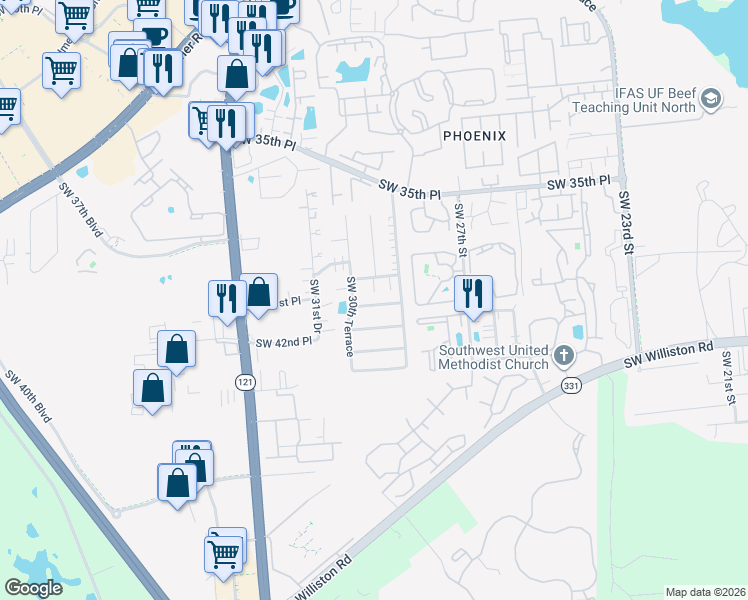 map of restaurants, bars, coffee shops, grocery stores, and more near in Gainesville