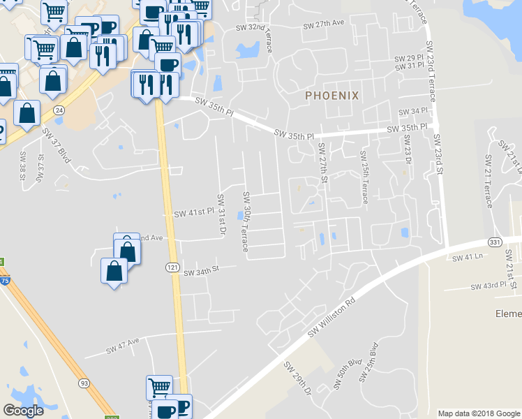map of restaurants, bars, coffee shops, grocery stores, and more near 2912 Southwest 38th Place in Gainesville