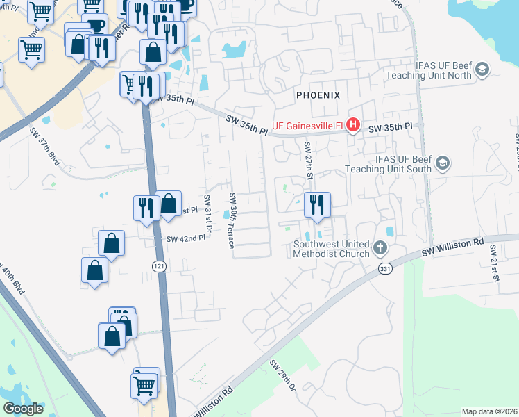 map of restaurants, bars, coffee shops, grocery stores, and more near in Gainesville