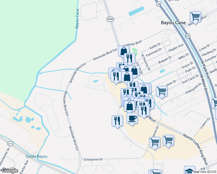 map of restaurants, bars, coffee shops, grocery stores, and more near 100 Ansley Place Court in Houma