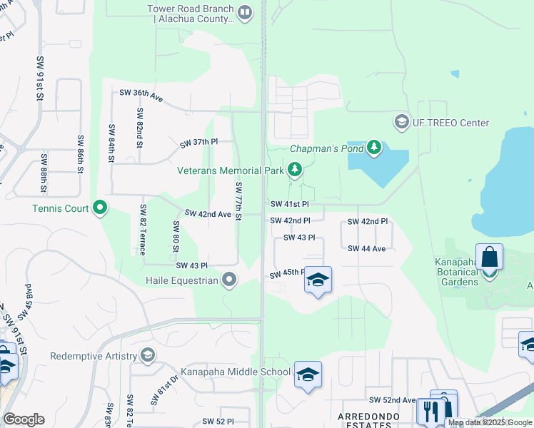 map of restaurants, bars, coffee shops, grocery stores, and more near 7420 Southwest 42nd Place in Gainesville