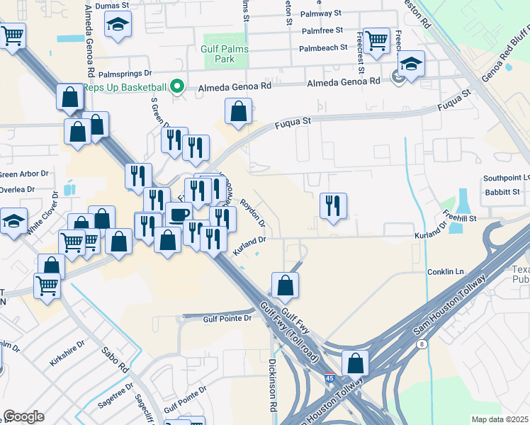 map of restaurants, bars, coffee shops, grocery stores, and more near 12801 Roydon Drive in Houston