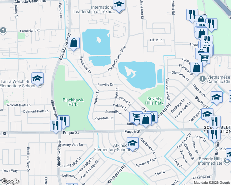map of restaurants, bars, coffee shops, grocery stores, and more near 9718 Mango Street in Houston