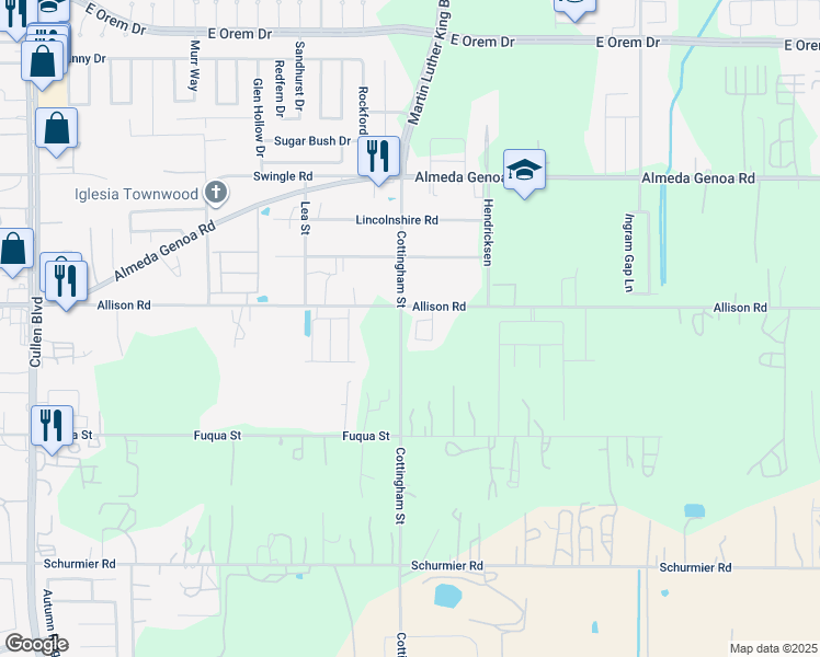 map of restaurants, bars, coffee shops, grocery stores, and more near 4825 Allison Road in Houston