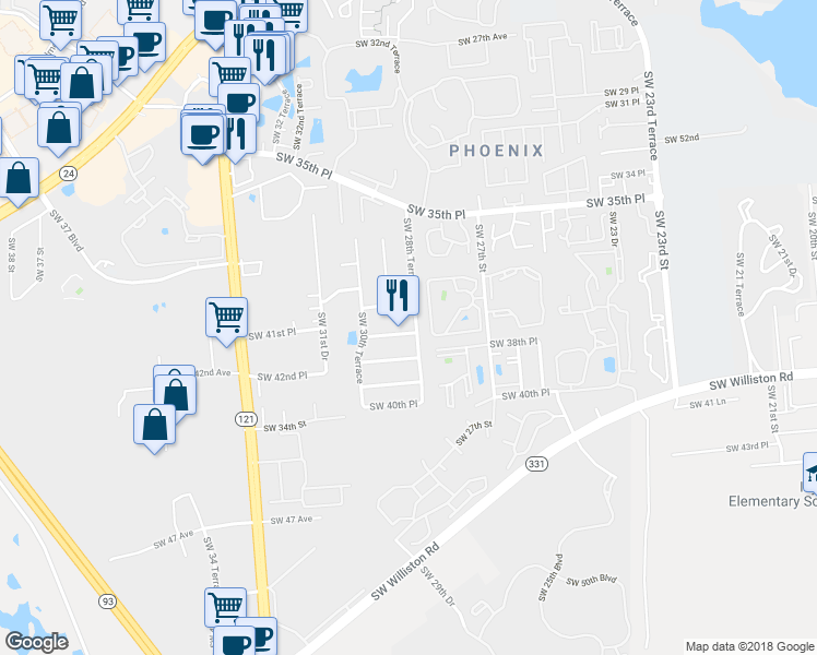 map of restaurants, bars, coffee shops, grocery stores, and more near 2836 Southwest 38th Place in Gainesville