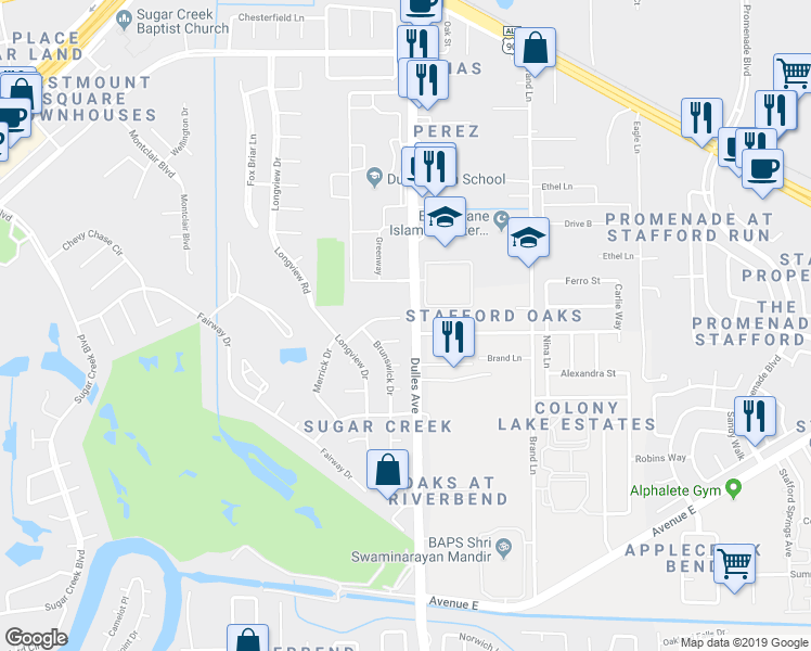 map of restaurants, bars, coffee shops, grocery stores, and more near 707 Merrick Drive in Sugar Land