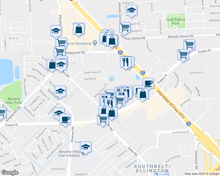 map of restaurants, bars, coffee shops, grocery stores, and more near 10701 Sabo Road in Houston