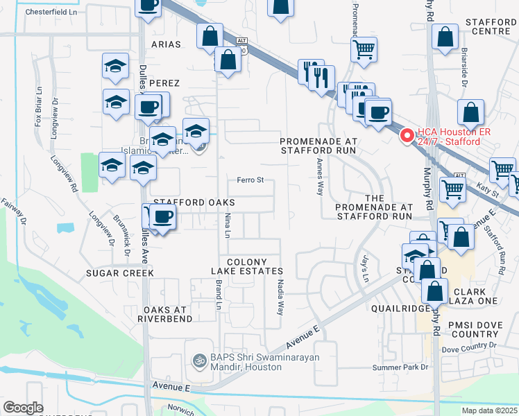 map of restaurants, bars, coffee shops, grocery stores, and more near 4118 Ludwig Lane in Stafford