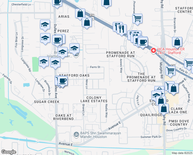 map of restaurants, bars, coffee shops, grocery stores, and more near 4118 Ludwig Lane in Stafford