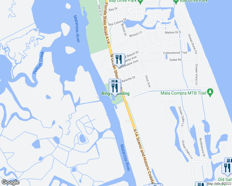map of restaurants, bars, coffee shops, grocery stores, and more near 5862 North Oceanshore Boulevard in Palm Coast