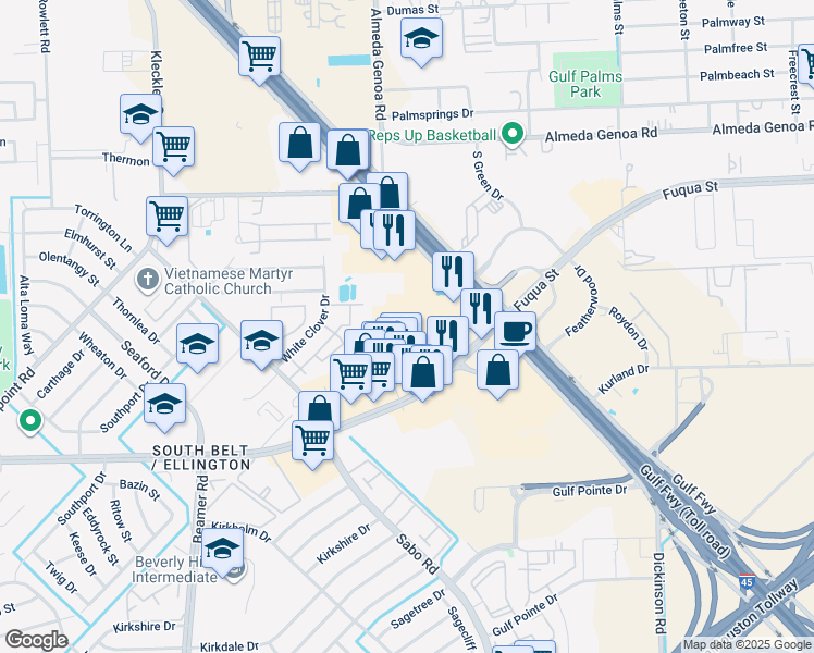 map of restaurants, bars, coffee shops, grocery stores, and more near 11101 Fuqua Street in Houston