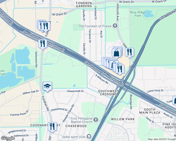 map of restaurants, bars, coffee shops, grocery stores, and more near 7723 8 Willows Road in Missouri City