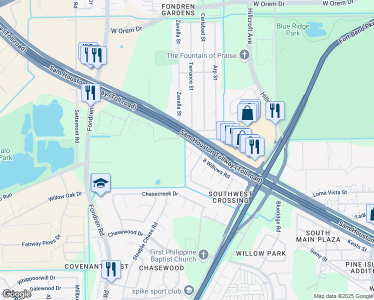 map of restaurants, bars, coffee shops, grocery stores, and more near 7723 8 Willows Road in Missouri City