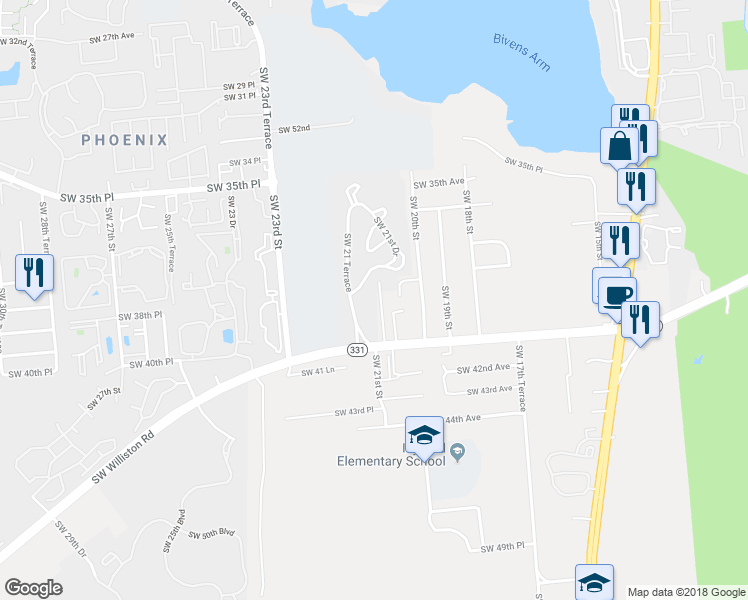 map of restaurants, bars, coffee shops, grocery stores, and more near 3930 Southwest 21st Street in Gainesville