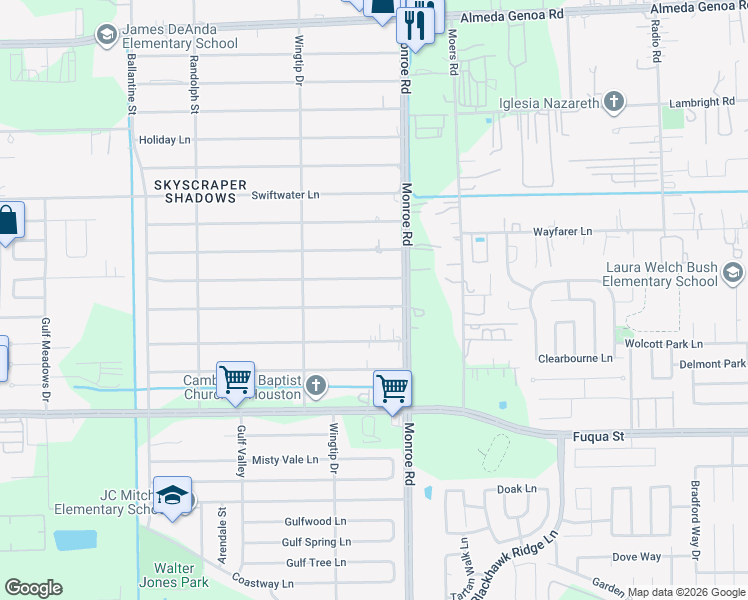 map of restaurants, bars, coffee shops, grocery stores, and more near 8417 Folkstone Lane in Houston