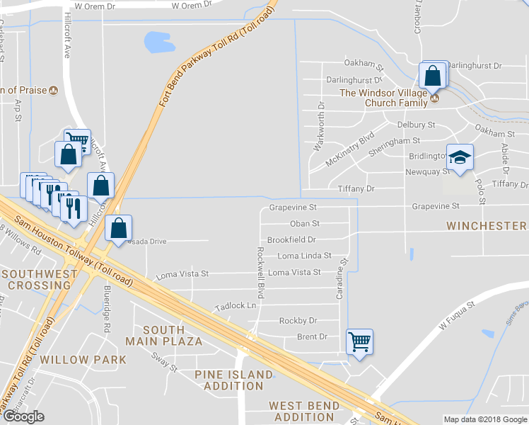 map of restaurants, bars, coffee shops, grocery stores, and more near 6533 Grapevine Street in Houston