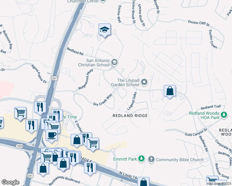 map of restaurants, bars, coffee shops, grocery stores, and more near 7 Dry Creek Way in San Antonio
