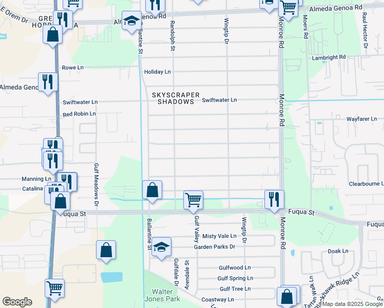map of restaurants, bars, coffee shops, grocery stores, and more near 8127 Folkstone Lane in Houston