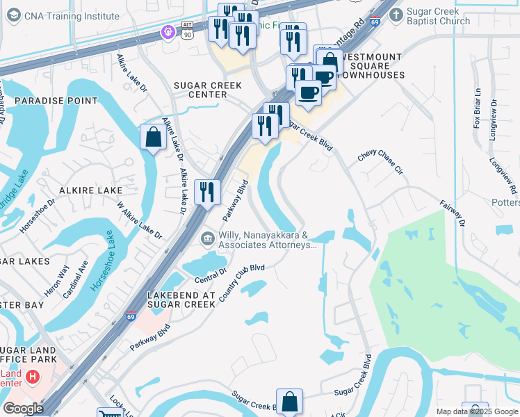 map of restaurants, bars, coffee shops, grocery stores, and more near 303 Lakeside Boulevard in Sugar Land