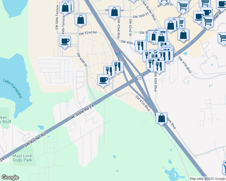map of restaurants, bars, coffee shops, grocery stores, and more near 2300 Southwest 43rd Street in Gainesville