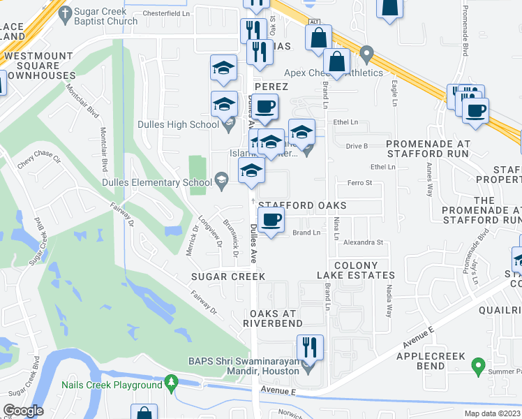 map of restaurants, bars, coffee shops, grocery stores, and more near 753 Dulles Avenue in Stafford