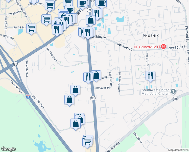 map of restaurants, bars, coffee shops, grocery stores, and more near 3316 Southwest 41st Place in Gainesville