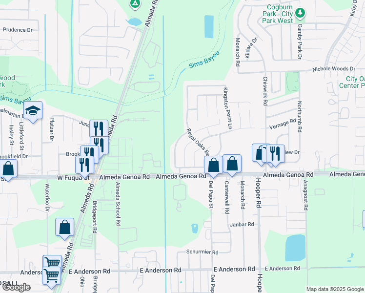 map of restaurants, bars, coffee shops, grocery stores, and more near 13207 Ridgewood Knoll Lane in Houston