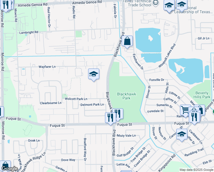 map of restaurants, bars, coffee shops, grocery stores, and more near 9250 Blackhawk Boulevard in Houston